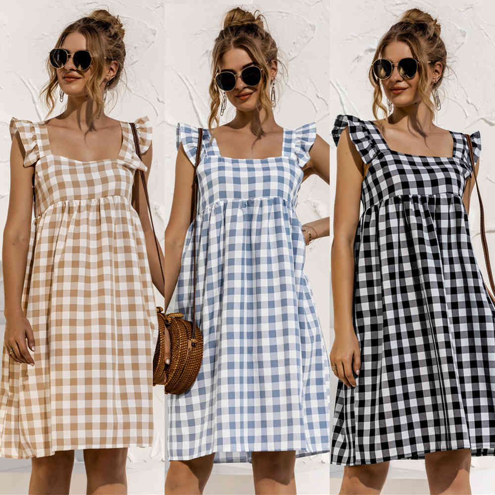 Women plaid dress Summer Square Neck A-line Butterfly Sleeves Plaid Ruffles Pullover Dress female lovely girls 210524