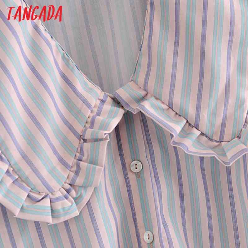 Women Retro Striped Print Oversize Collar for Summer Sleeve Chic Female Short Blouse Shirt Tops 3H100 210416