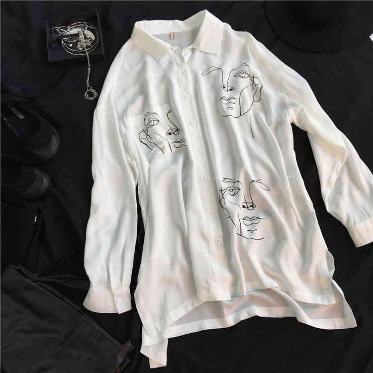 Retro Women Shirts White Shirt Face Print Loose Blouses Cotton Long Sleeve Top Blouse Lady Spring Summer All Match 210513