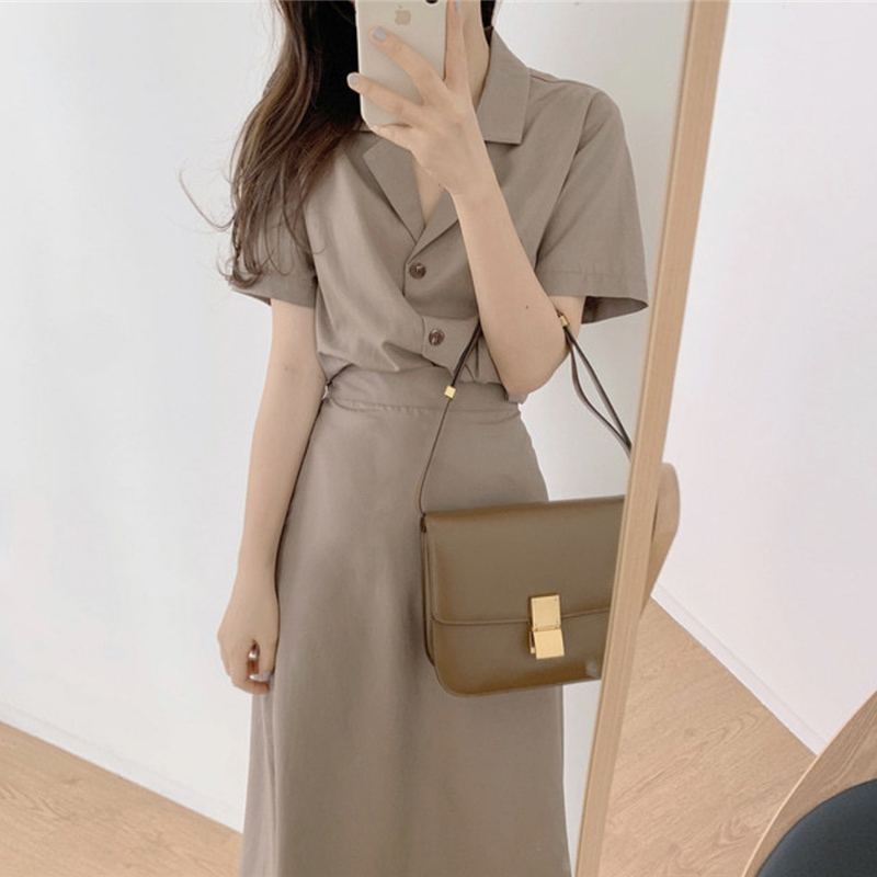 Elegant Temperament Single Breasted Lapel Short Sleeve Blouse Women + Slim High Waist Split Skirt OL Fashion Sets Minimalism 210429