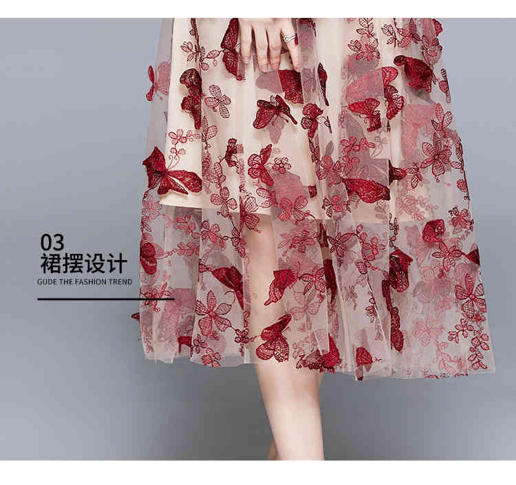 Vintage Mesh Butterfly Embroidery Dress Vestidos Women Spring Elegant O-Neck Puff Sleeve High Waist Slim 210519