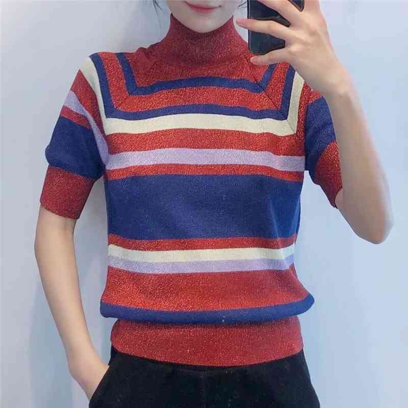 Streetwear Women Striped Sweaters Tanks Summer Fashion Ladies Knitted Tops Elegant Female Chic Turtleneck Pullovers 210430