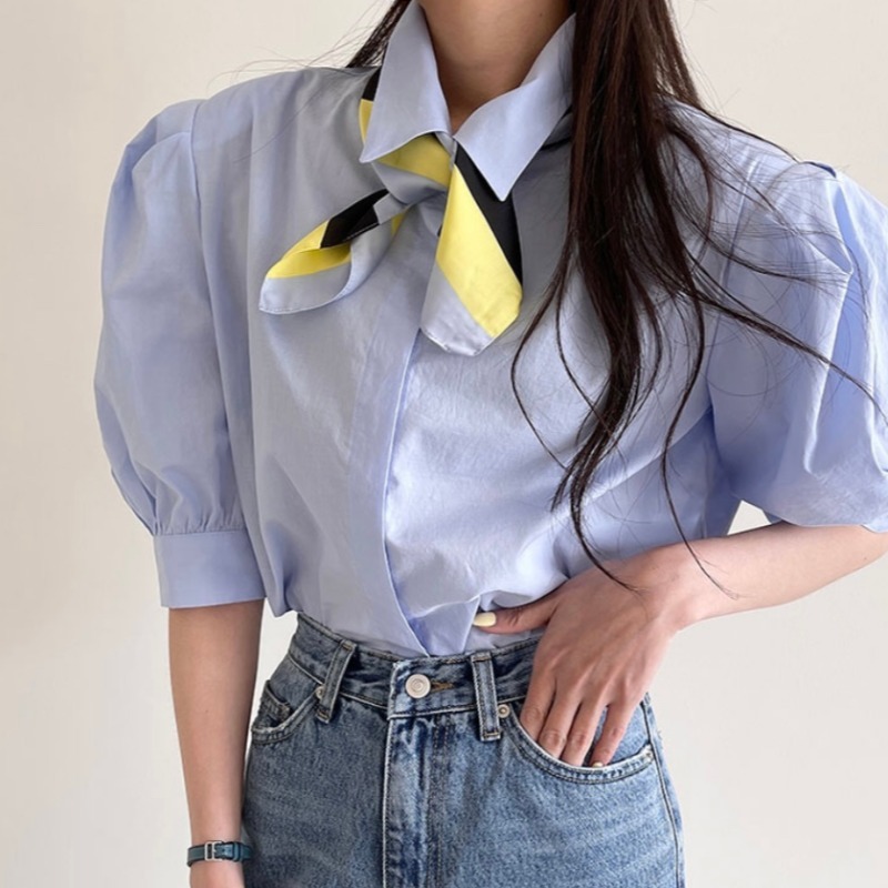 Nomikuma Korean Elegant Turn-down Collar Women Tops Fashion Puff Sleeve Blouse Shirt Summer Solid Blusas Feminimos 6H519 210427