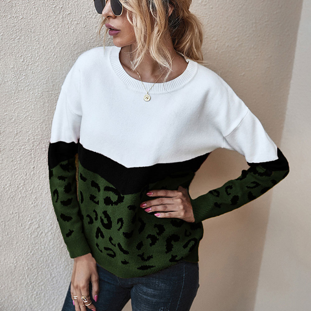 Fashion Leopard Patchwork Winter Ladies Knitted Sweater Women O-neck Full Sleeve Jumper Pullovers Top Khaki Brown Clothes 210428