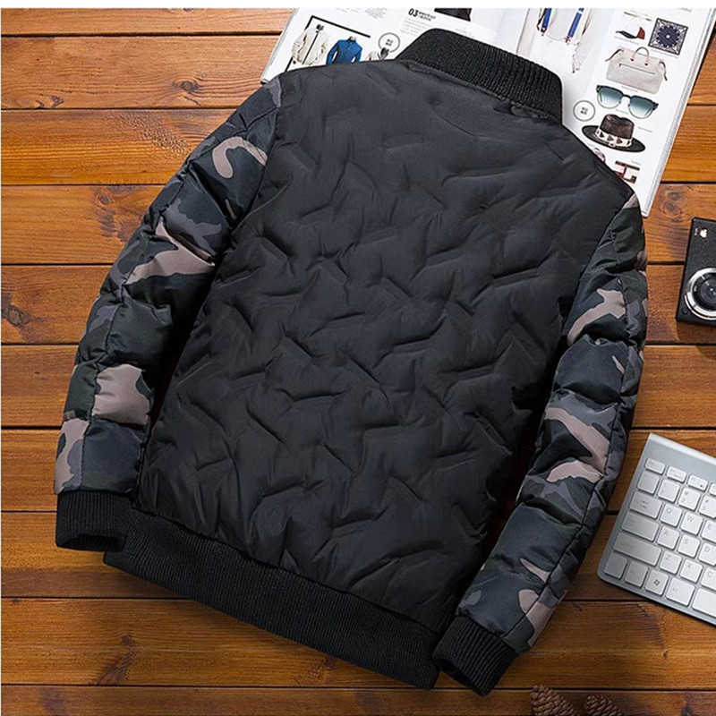 Men Jacket Winter Camouflage Stand Collar Bomber Jacket Zipper Splicing Parkas Warm Thick Cotton Quilted Coat S-5xl 210603