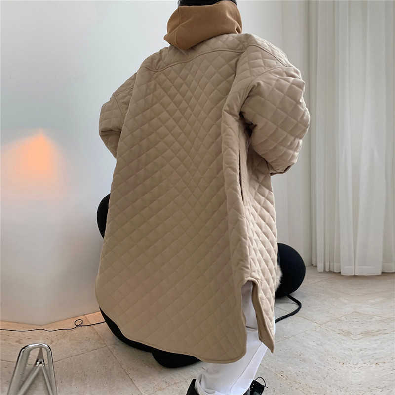 Winter Parka Thick Fashionable Silhouette Argyle Shirt Quilted Cotton Coat Female Oversize Thin Long Warm Jacket Women 211013