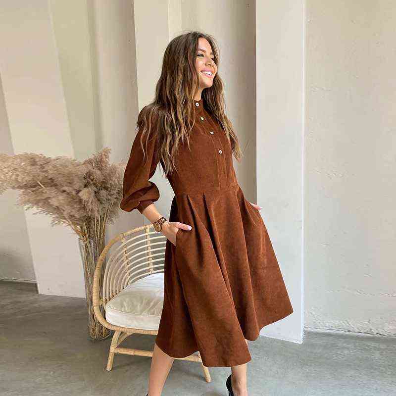 Women Corduroy Lantern Sleeve Casual Dress Stand Collar Button Folds Dresses Autumn Winter Vintage A-Line Party Midi Dress 2021 G1223, Brown dress
Women Corduroy Lantern Sleeve Casual Dress Stand Collar Button Folds Dresses Autumn Winter Vintage A-Line Party Midi Dress 2021 G1223, Brown dress
