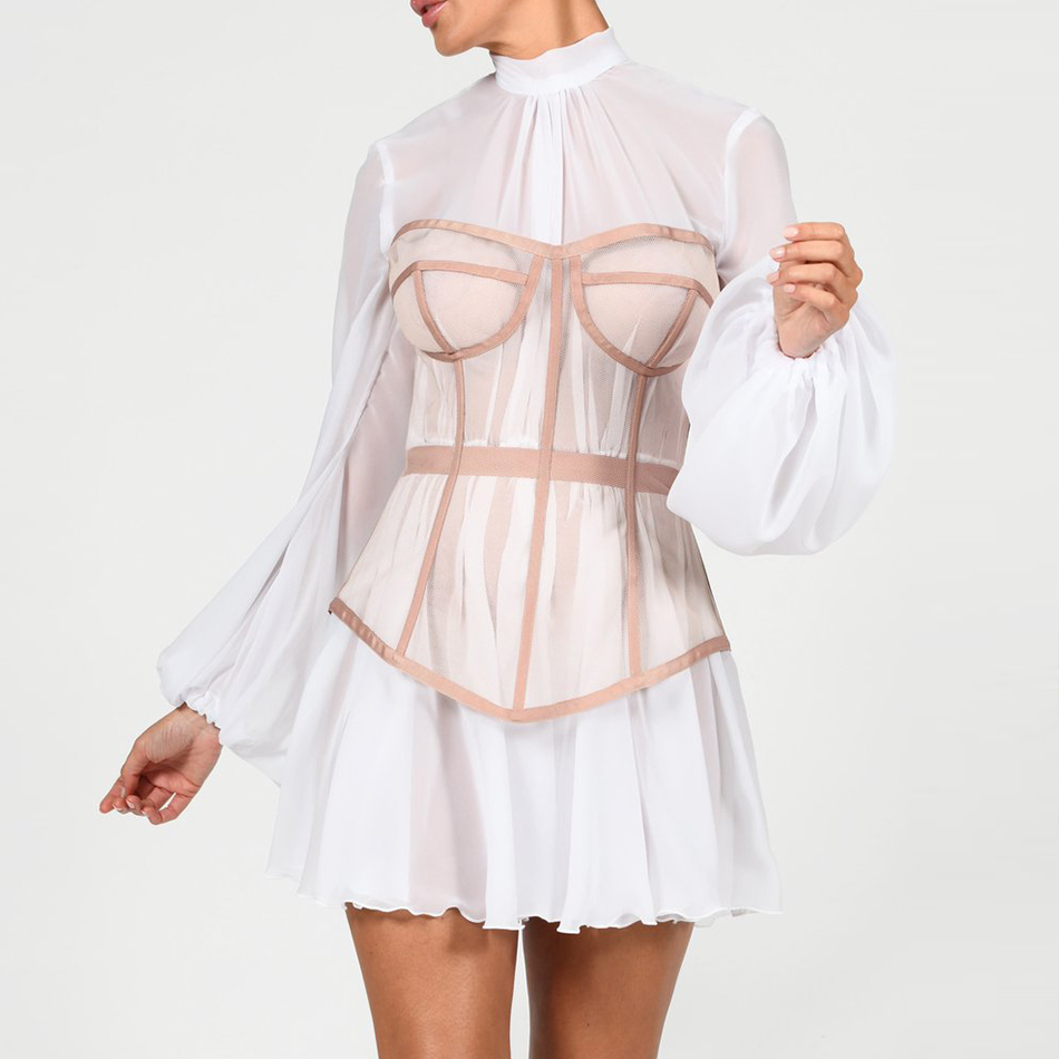 Summer Women White Lace Mini Dress Sexy Striped Long Lantern Sleeve Fashion Celebrity Evening Club Party Lady Dresses 210423