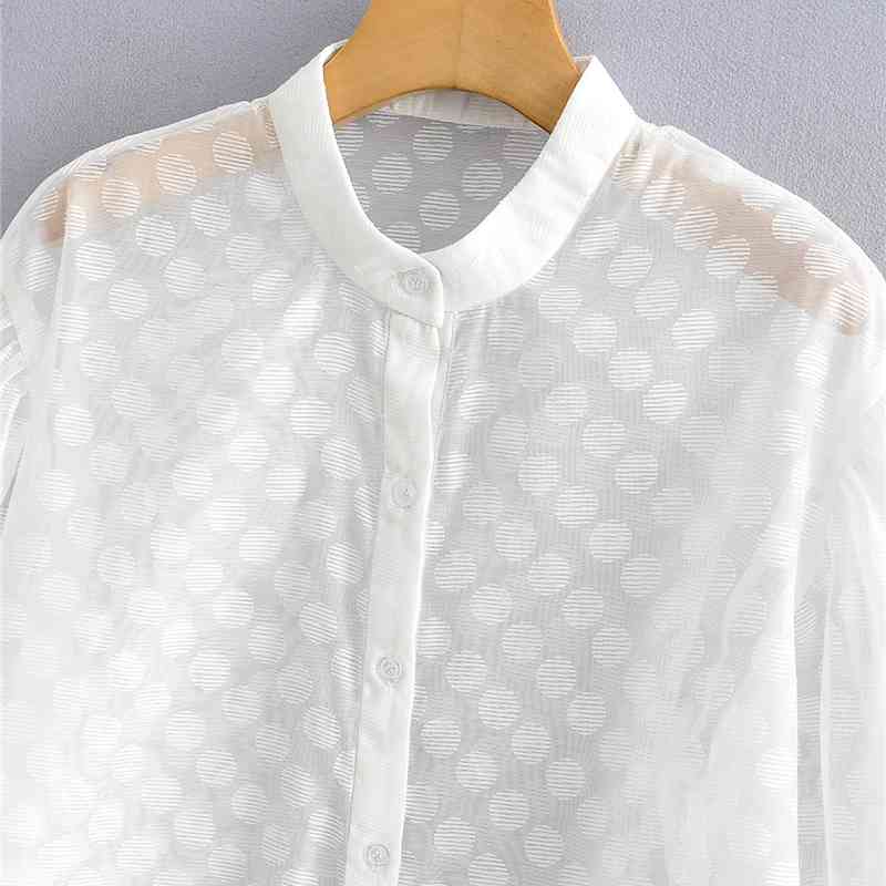 EXQJ Elegant Women Sexy Transparent Ploka Dot Shirts Fashion Ladies O-Neck Tops Sweet Female Chic Puff Sleeve Blouses 210430