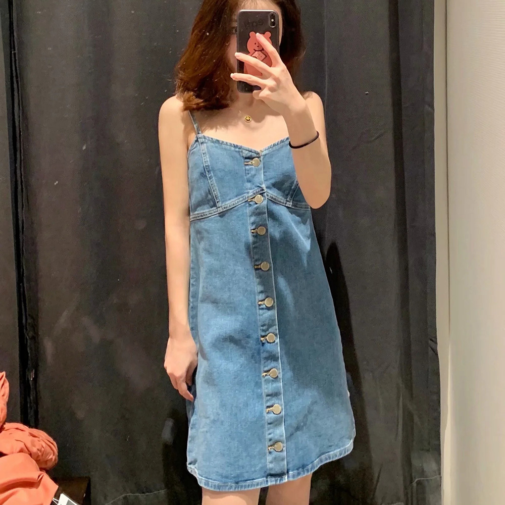 BBWM Spaghetti Strap Denim Dress Women Streetwear A Line Button Up Dress Female Sexy Sleeveless Summer Mini Dresses Robes 210520