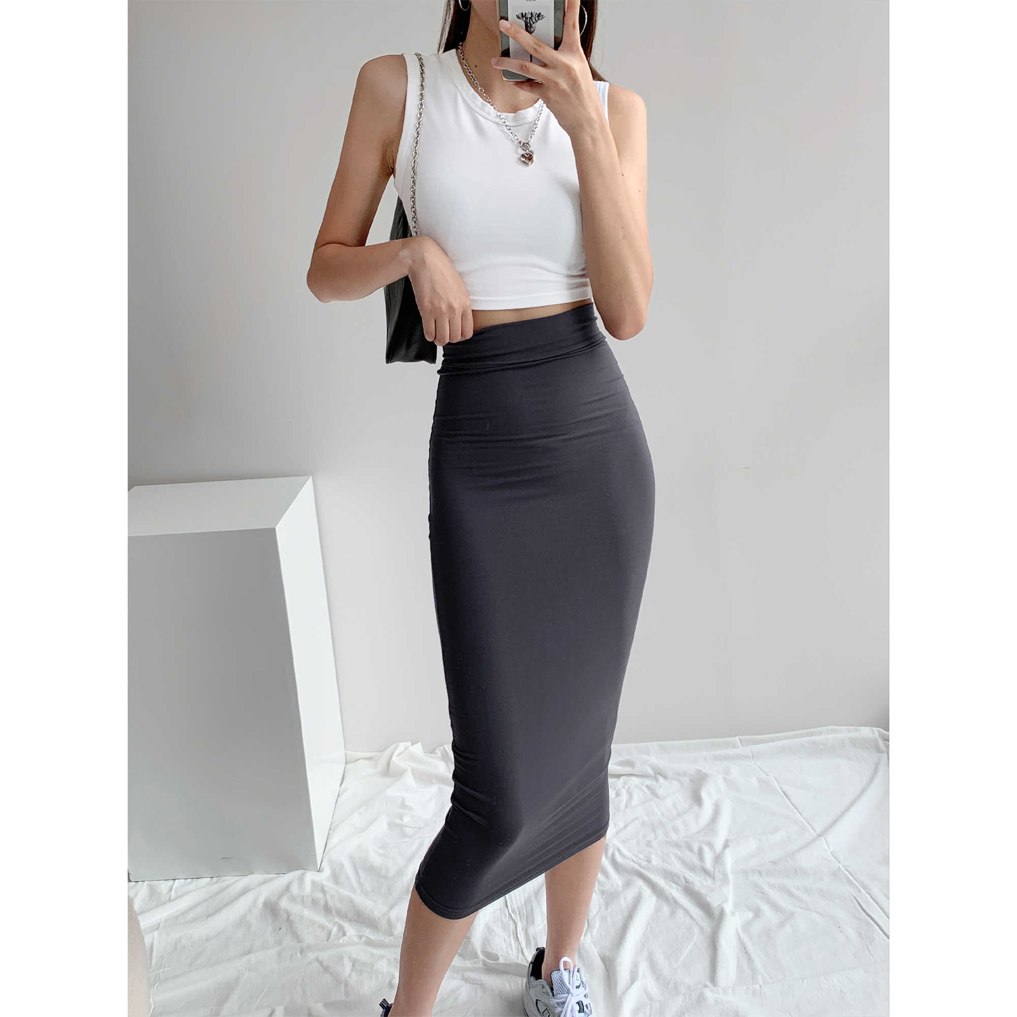 WOMENGAGA European And American Autumn High Waist Mid-length Tight-fitting Hip Slim Slimming Elasticity Skirt Women 2VC 210603