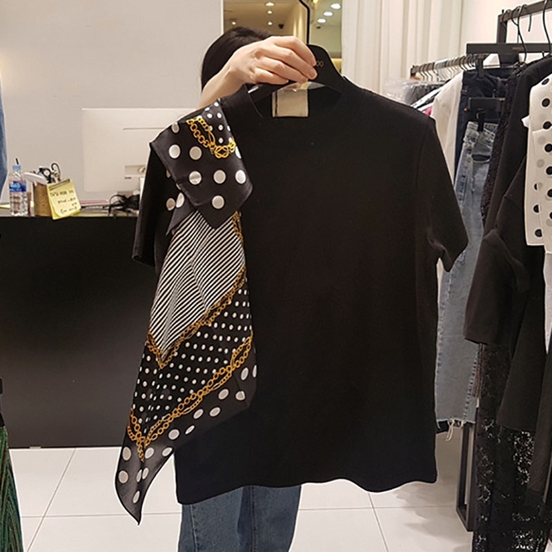 women's elegant T shirt polka dot silk scarf stitching short-sleeved casual loose Chic Japan T-shirt Korean fashion Tees GD017 210406