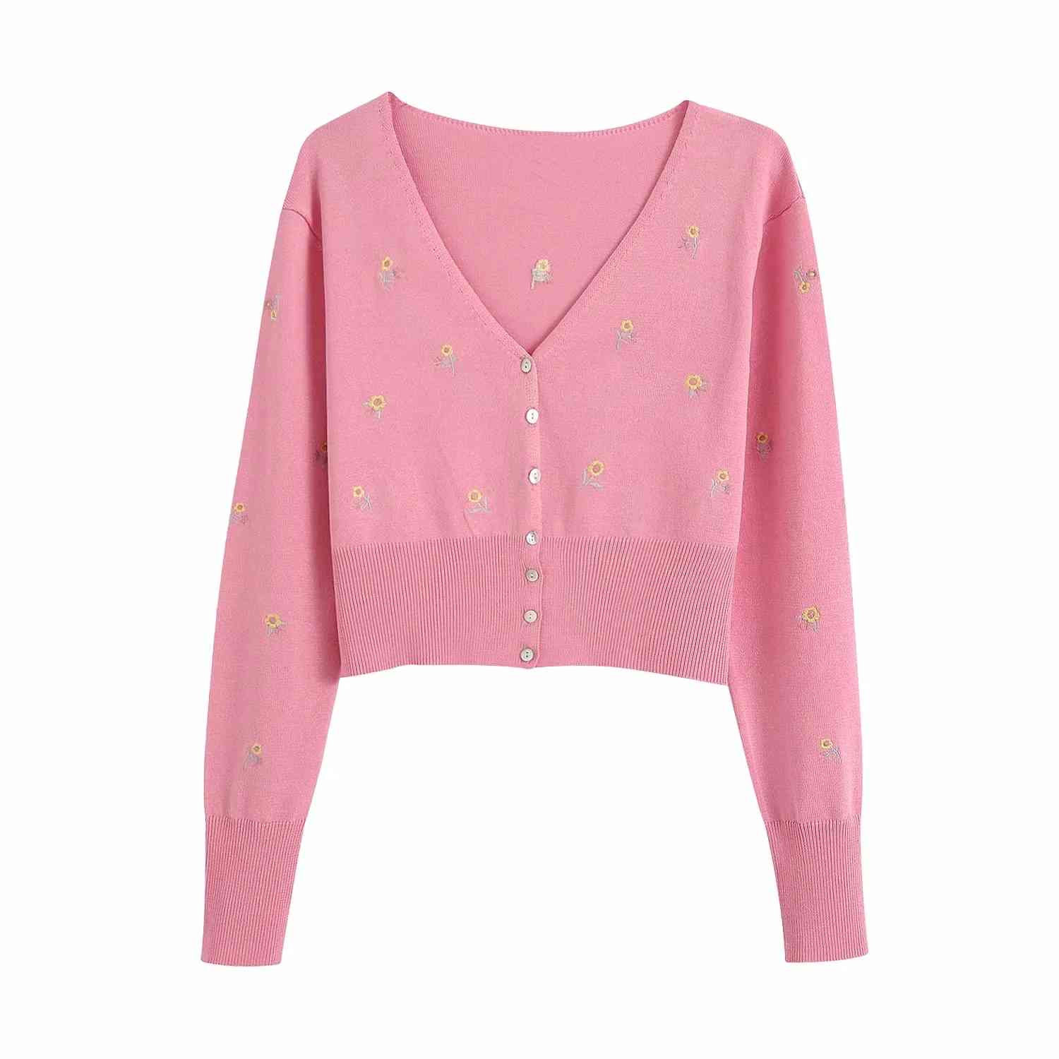 Sweet Pink Cropped Cardigan Sweater women crop sweater Vintage Floral Embroidery kntted autumn Korean chic top 210521