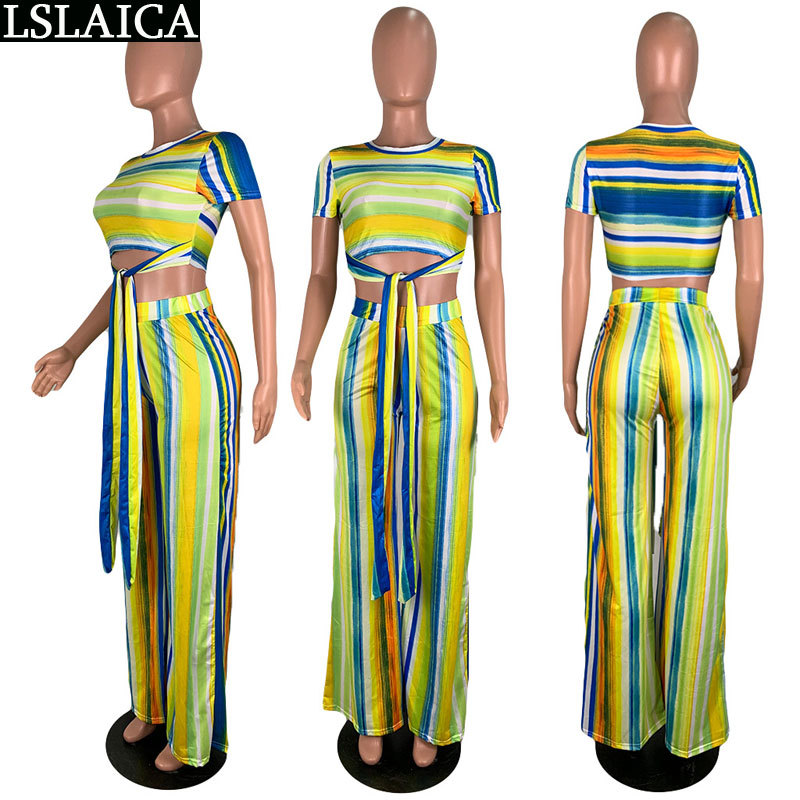 Two Piece Set Women Crop Top Lacing&Long Pant Color Print Casual Sexy 2 Plus Size African 2 s Womens Outfits 210520