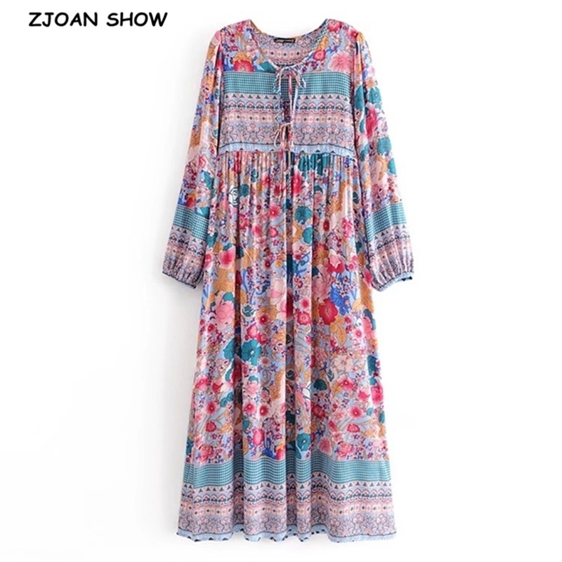 Autumn Bohemian Lace up V neck Location Floral Print Maxi Long Dress BOHO Hippie Woman Bandage Sleeve Dresses Vestido 210429