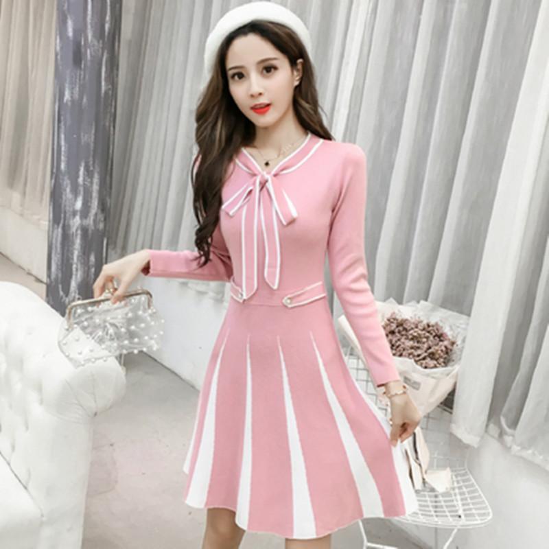 Runway Women Autumn Sweater Dresses Bow Knot Tie Up Long Sleeve Pullovers Knitted Dress Casual
