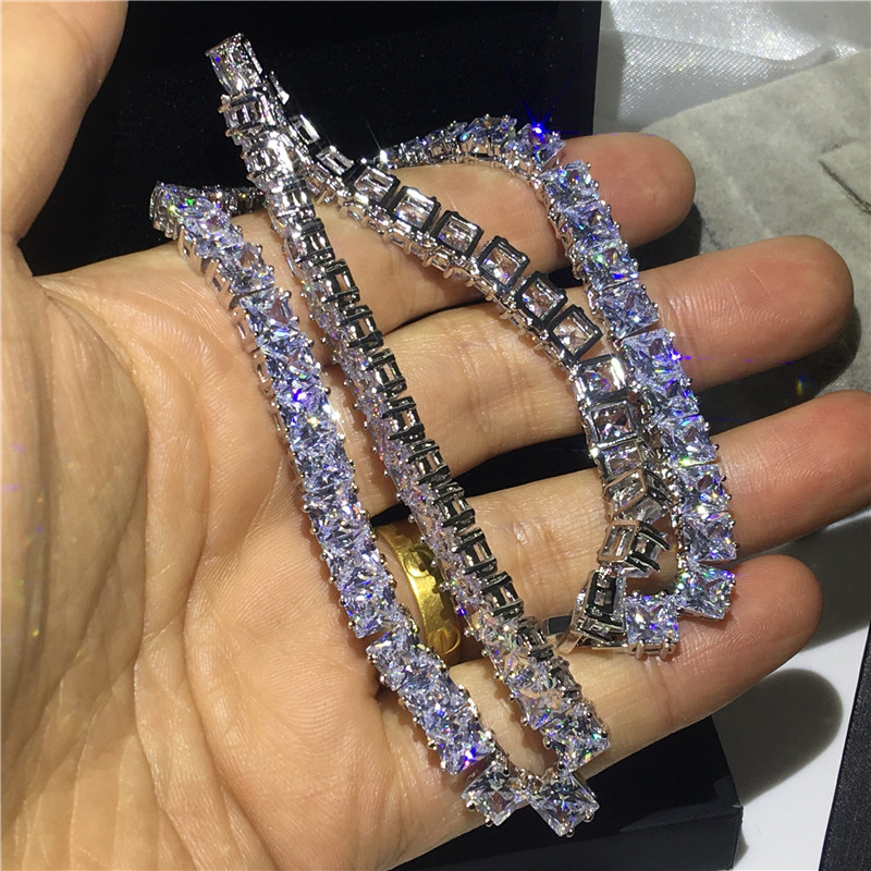 Tennis Necklace White Gold Filled Full Princess cut 7mm 5A cz Party Wedding necklaces for Women men Hiphop Jewelry