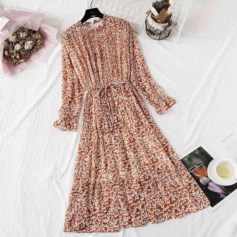 Women Long Dress Spring Autumn Vintage Floral Print Pleated Chiffon Dress Long Sleeve Loose Plus Size Dresses Vestidos 210521