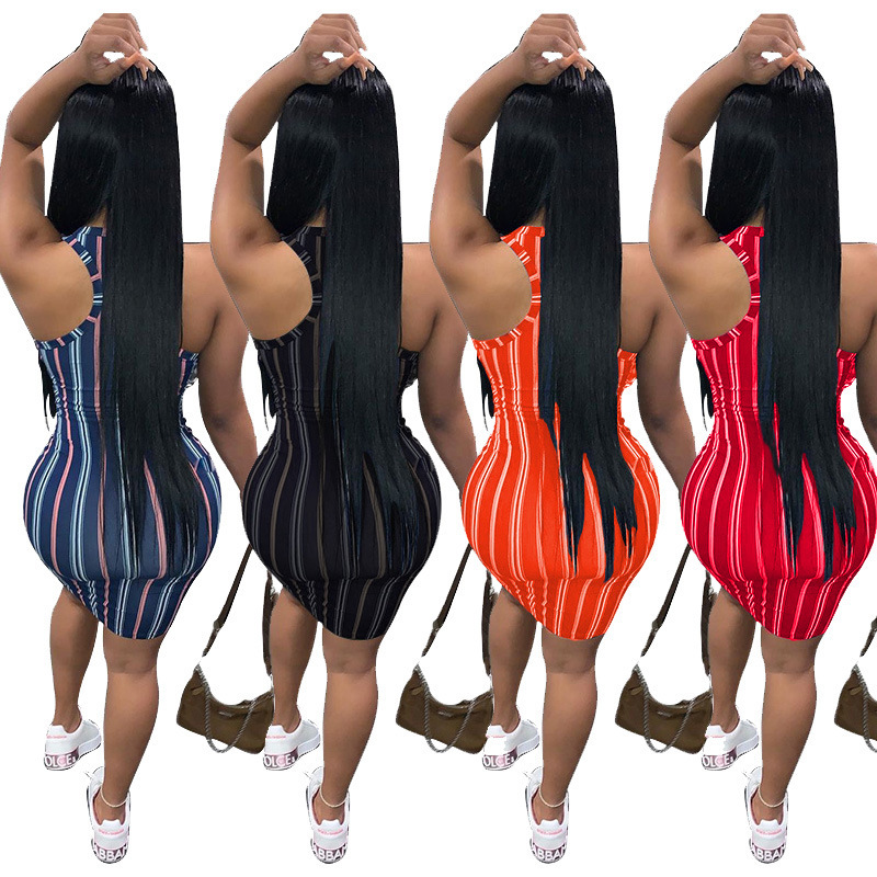 Women Summer Cause Dress Designer Fashion Sexy V-neck Casual Simple Striped Printed Sleeveless Vest Short Skirt