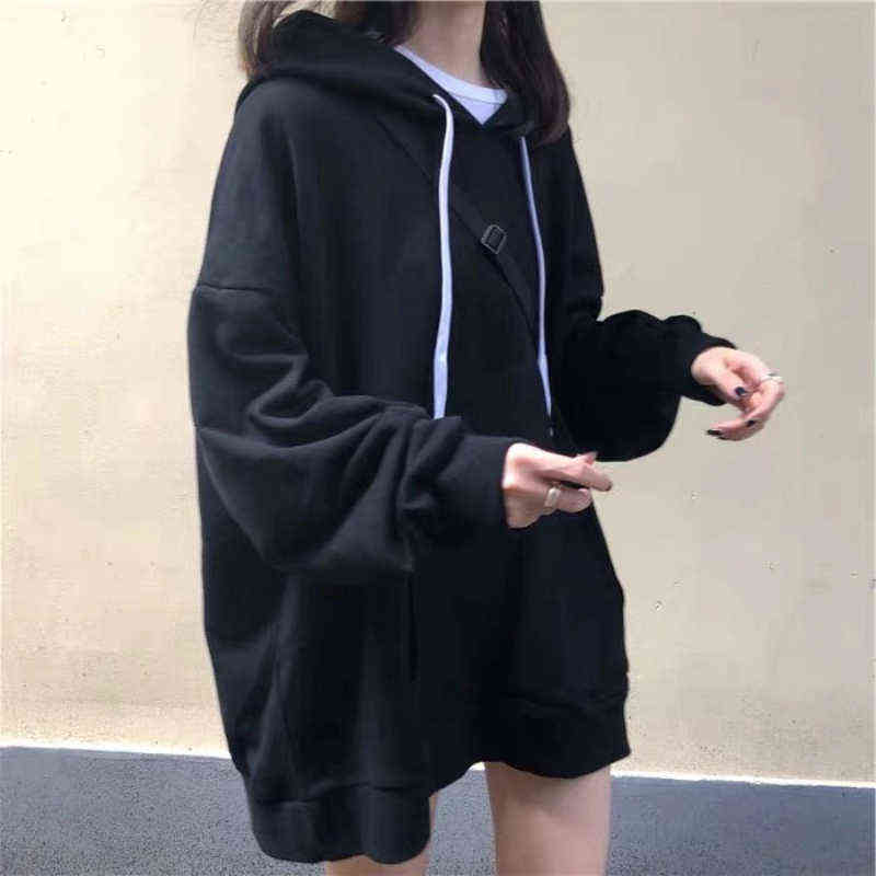 Solid Thin Hoodie Women's Oversized Clothing Long Sleeve Draw String Sweatshirts Female Blouse Polyester Loose Casual Long Tops 211109