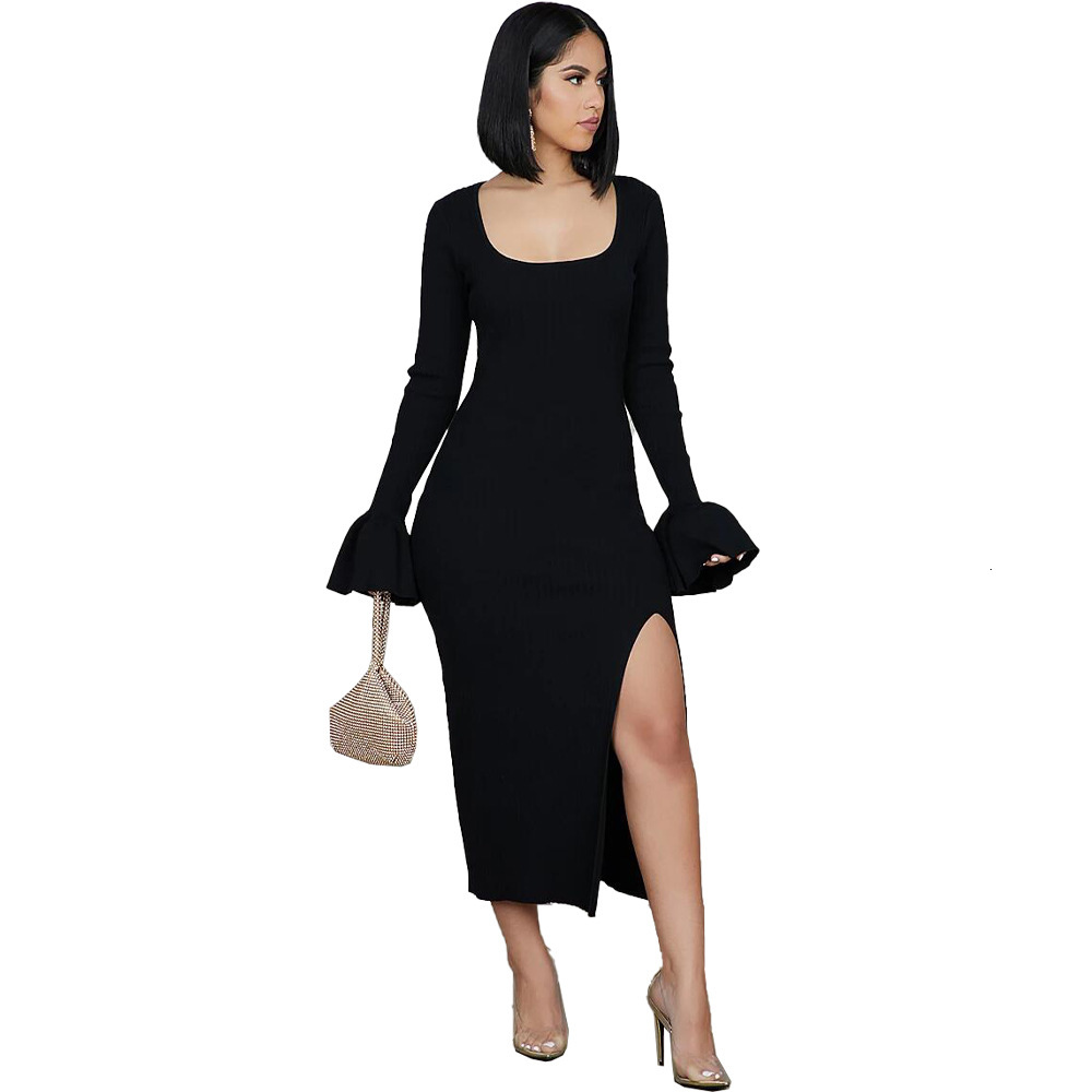 Elegant Solid Women Bell Long Sleeves Casual es Sexy Side High Split Scoop Neck Mid Calf Sheath Fashion Party Autumn Two Colors, Black
Elegant Solid Women Bell Long Sleeves Casual es Sexy Side High Split Scoop Neck Mid Calf Sheath Fashion Party Autumn Two Colors, Black