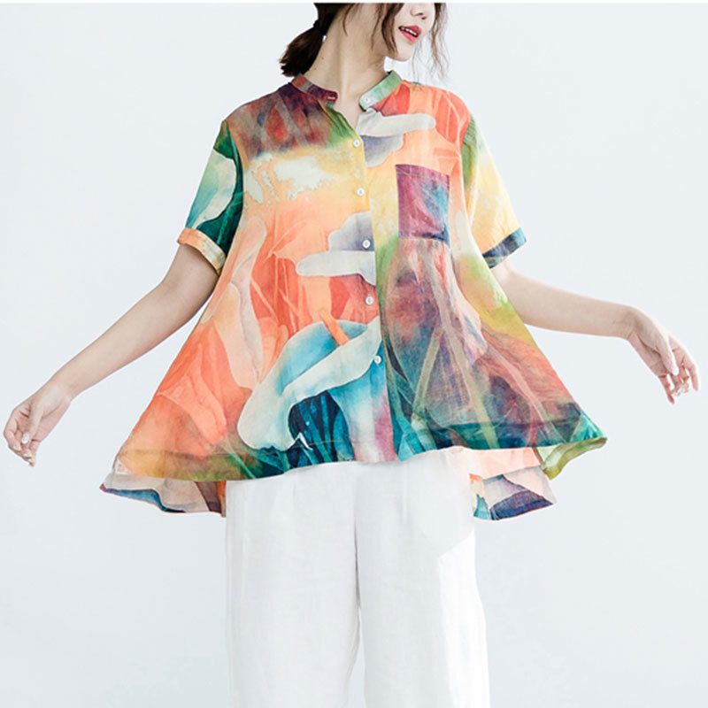 Women Blouse Shirts Plus Size Female Clothing Vintage Print Casual Basic Tops Summer Short Sleeve Blusas Feminina Z502 210512