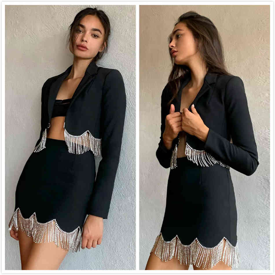 Free Women's Suit Sexy Lapel Long Sleeve Diamond Tassel Short Jacket & Mini Skirt Two Piece Set 210524