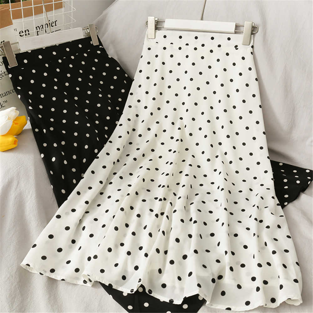 Summer Casual Chiffon Print Dot-print Skirt Female High Waist Midi A-line Skirt Womens Black White Red Long Skirts Streetwear 210619