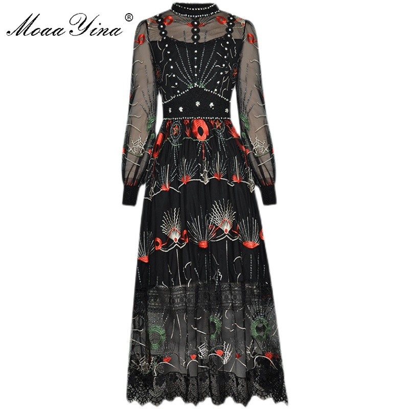 Fashion dress Spring Women's Dress Crystal Beaded Stand collar Long sleeve Mesh Embroidery Black Vintage Dresses 210524
Fashion dress Spring Women's Dress Crystal Beaded Stand collar Long sleeve Mesh Embroidery Black Vintage Dresses 210524