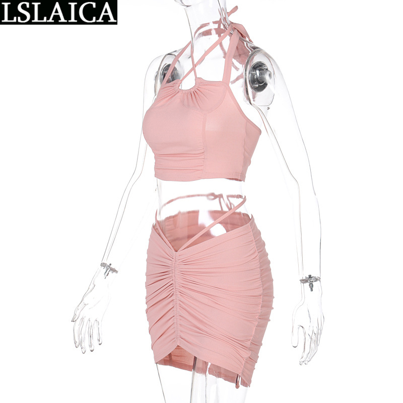 Female Set 2 Pcs Strapless Tops&skirts Ruched Sexy Fashion Pink Women's Clothing Club Night Streetwear Sets Womens Outfits 210520