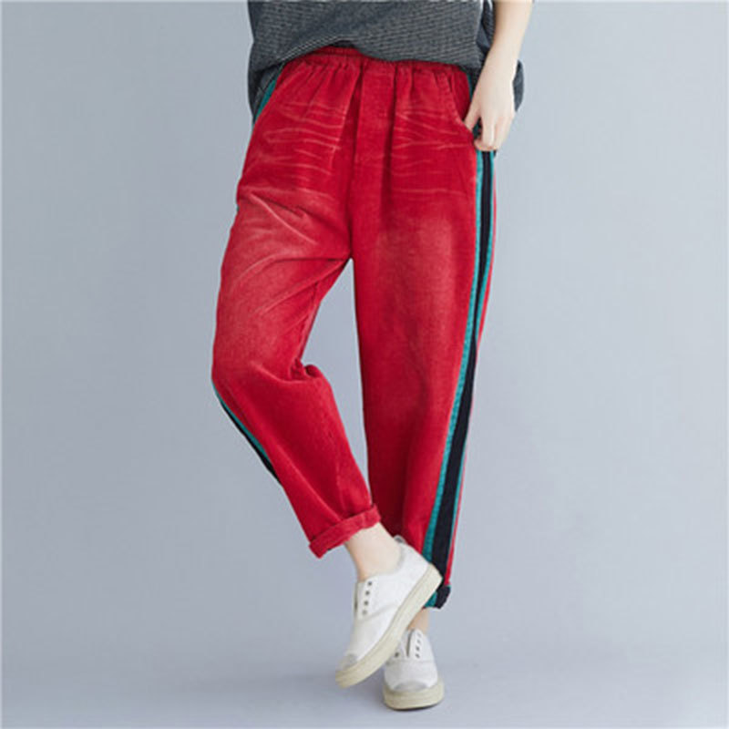Autumn Fashion Women Elastic Waist Loose Corduroy Pants Allmatched Casual Side Stripe Harem Plus Size M701 210512