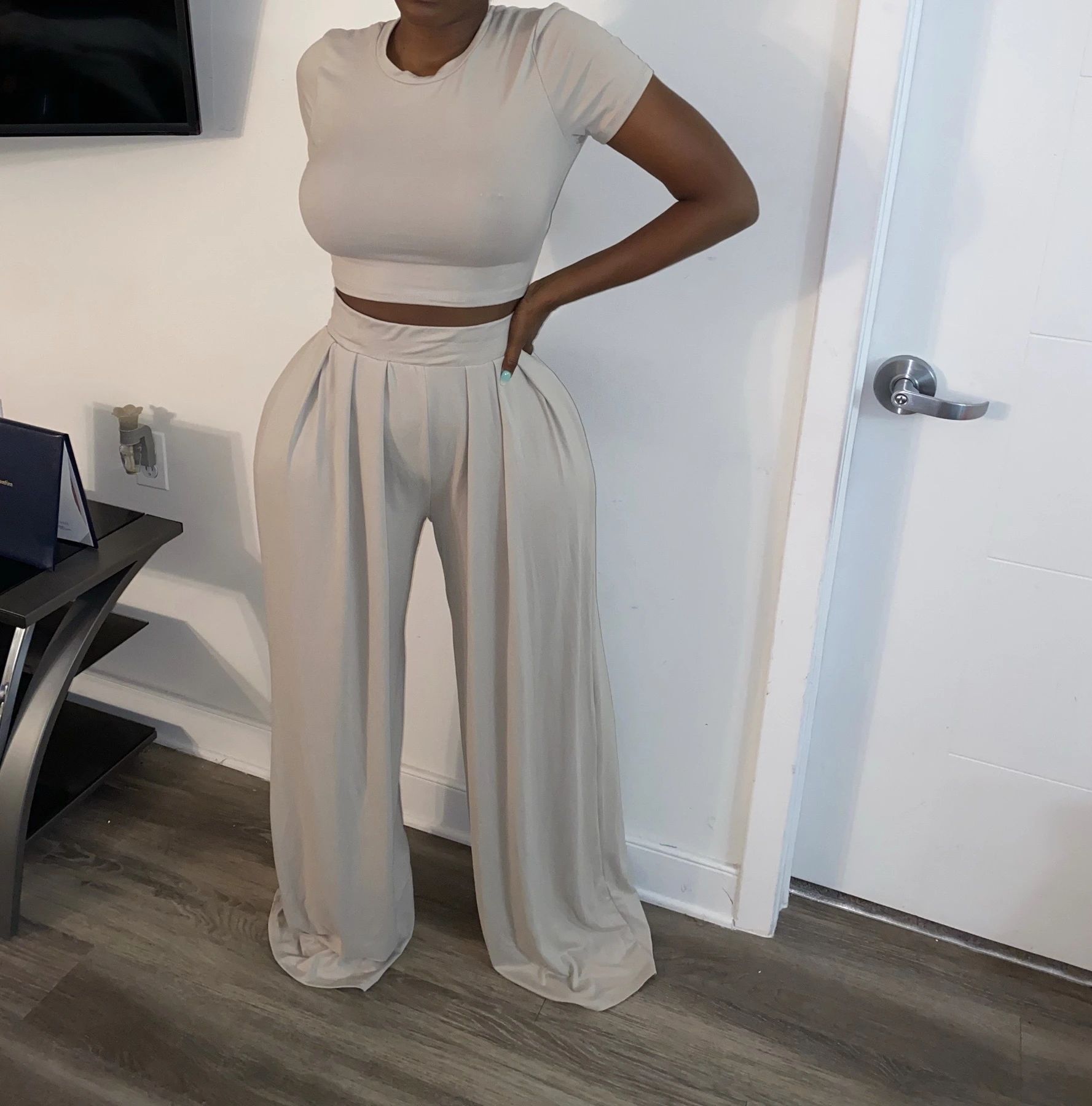 Women Sets Short Sleeve T Shirt High Waist Wide Leg Pants Two Piece Plus Size Suit Fashion 210524