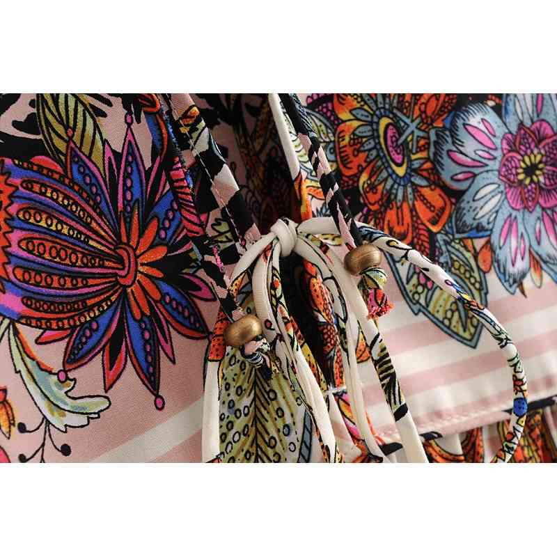 Autumn Boho Style Women's Positioning Vintage Floral Print Tassels Lace-Up Long Sleeve Dress Female Fashion 210514