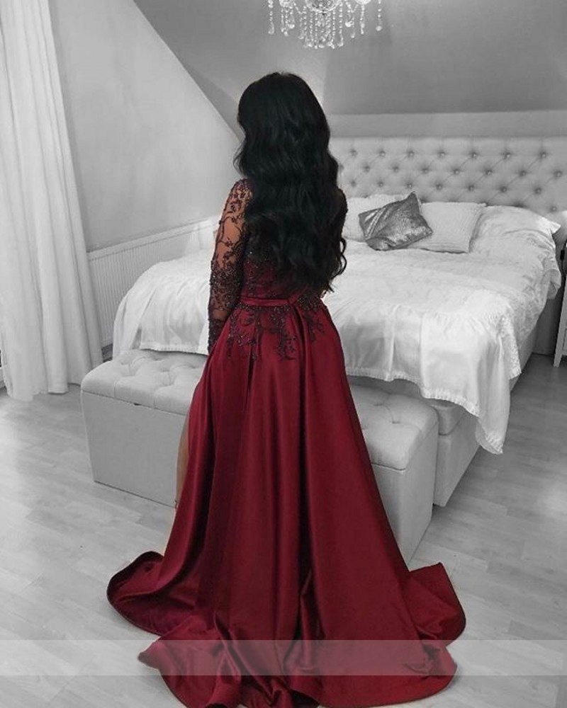 Dark Red Plus Size Evening Dress vestidos de fiesta Illusion Long Sleeve Beading Lace Leg Slit Prom Party Gowns Formal Dresses