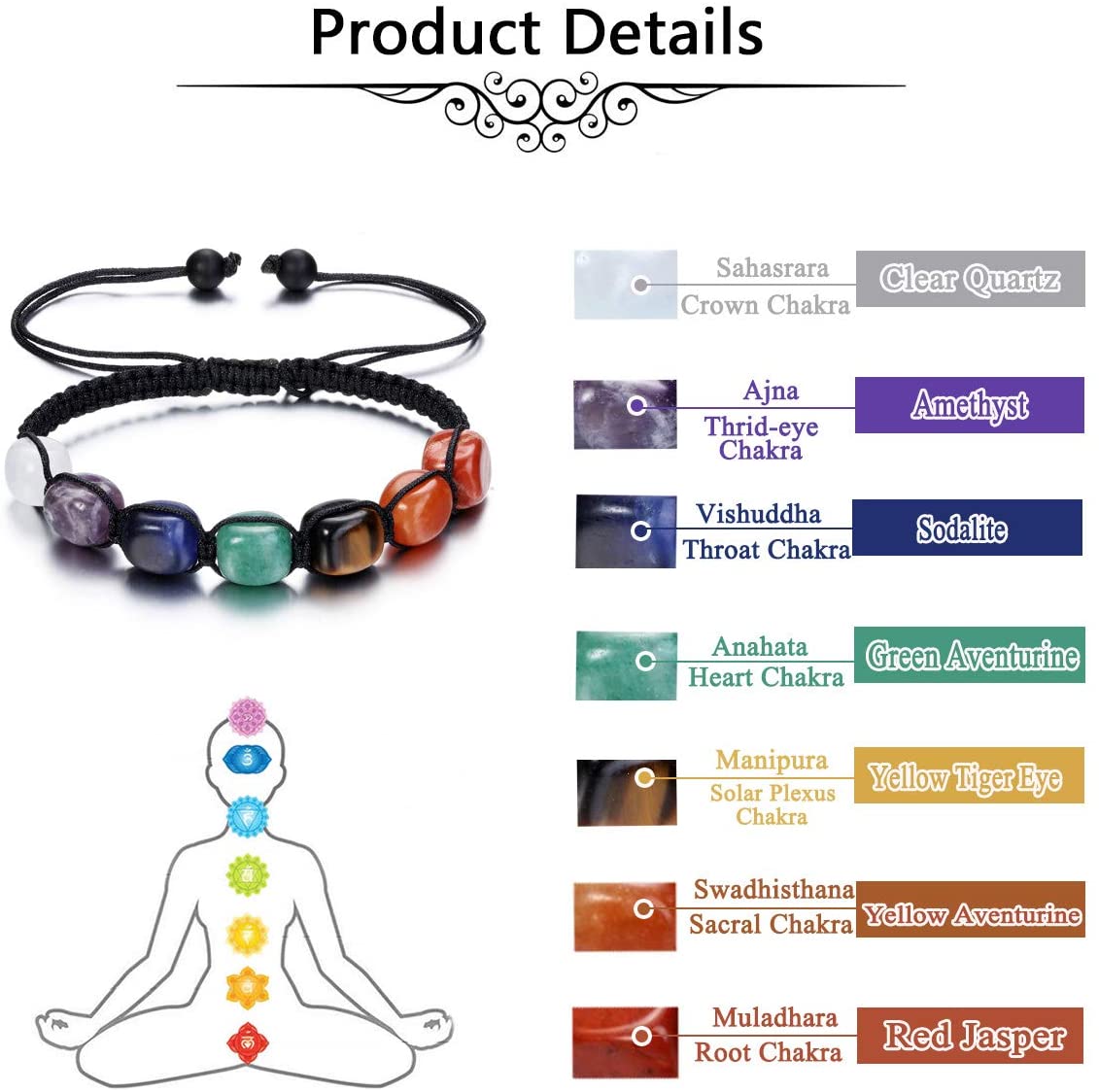 7 Chakra Reiki Healing Crystals Stretch Strands Bracelet Natural Gemstone Energy Balancing Yoga Beads Bracelets for Women Braided Rope/Elastic String