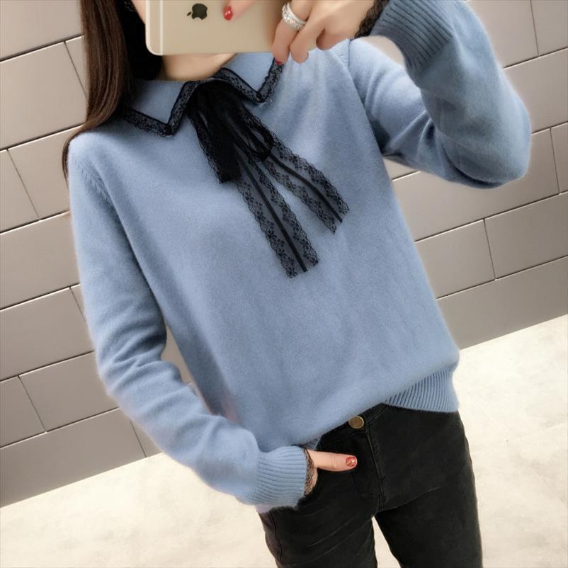 casual solid color womens sweater turn down collar bow lace pullover spring warm autumn style loose knit sweaters vestidos lxj802, White;black
casual solid color womens sweater turn down collar bow lace pullover spring warm autumn style loose knit sweaters vestidos lxj802, White;black