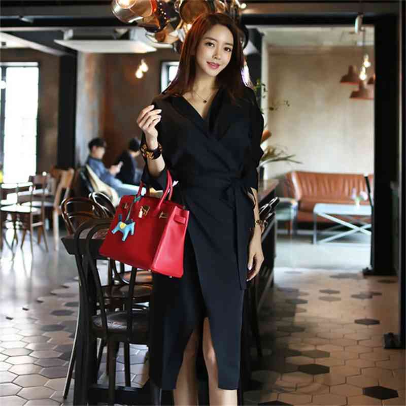 Autumn Work Wear pencil Dress fashion V-Neck Bowknot Midi Length Long Sleeve Office OL Dresses Vestidos Robe 210519