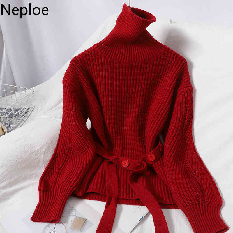 Neploe Winter Clothes Woman Sweaters Tuitleneck Lace Up Knitted Pullovers Women Korean Temperament Loose Jumper Sueter Mujer 210422