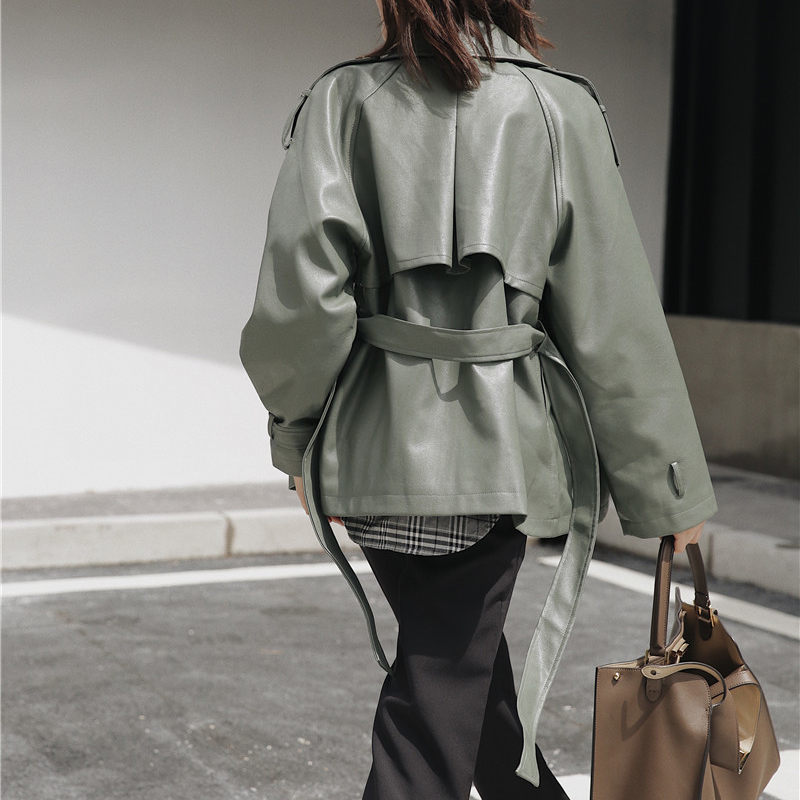 Harajuku Matcha-green Women Retro Motorcycle PU Leather Plus Vintage Lace-Up Jackets Chic All-Match Female Outwear 210421