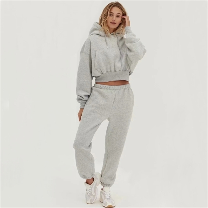 Women Drop Shoulder Kangaroo Pocket Fleece Hoodie & Sweatpants Set For Winter 210512