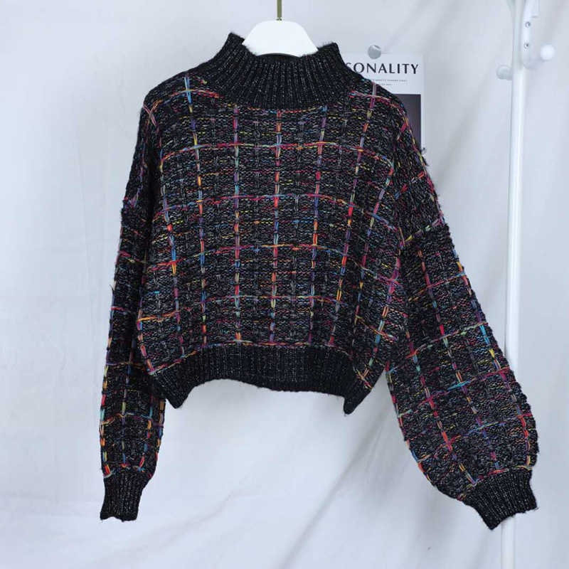 Autumn Winter Plaid Sweater Women Korean Lazy Wind Short Loose Casual Checkered Lantern Sleeve Pullovers Girls 210601