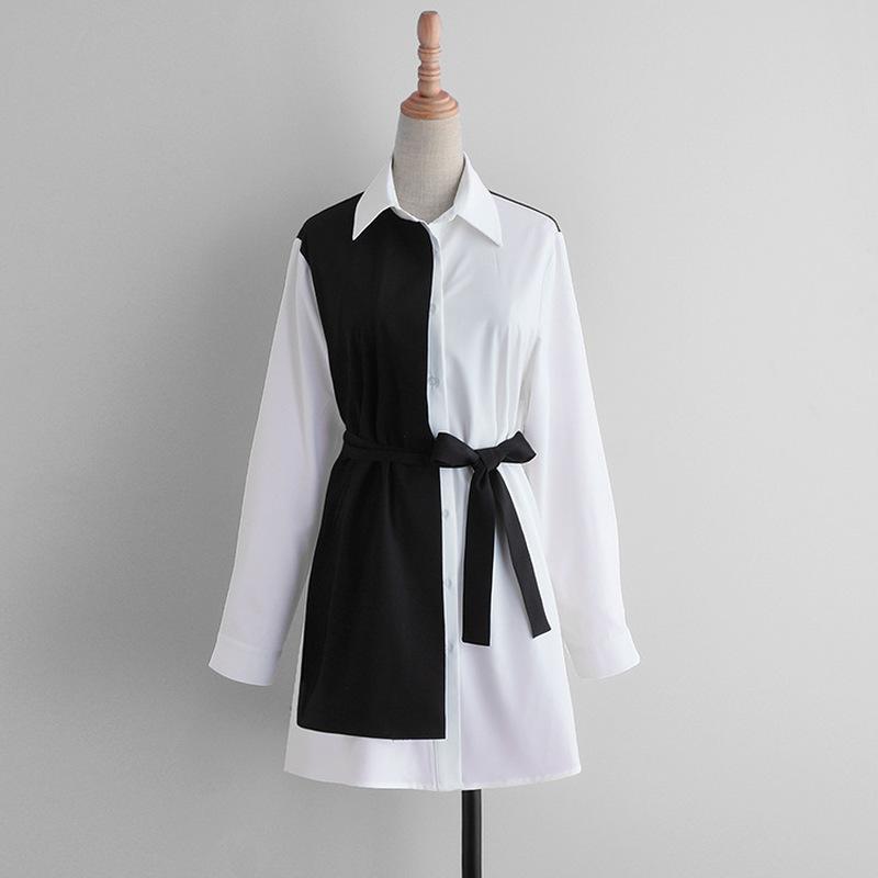 Fashion Shirt Dress Women 2021 Black White Patchwork Long Sleeve Turn Down Collar Single-breasted Short Mini Casual Dresses