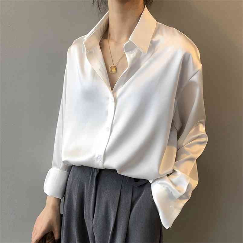 Spring Fashion Button Up Satin Silk Shirt Women Vintage Turn Down Collar Blouse White Lady Long Sleeve Femme Loose Street Shirts 210522