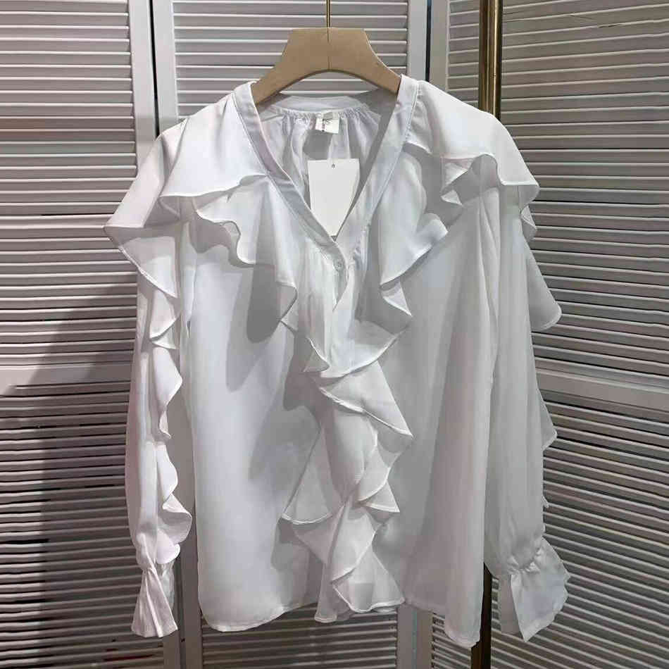 Free Women's Ruffle Blouse Spring V-neck Single-breasted Lantern Long Sleeve Pure Color Elegant Shirt Ladies 210524