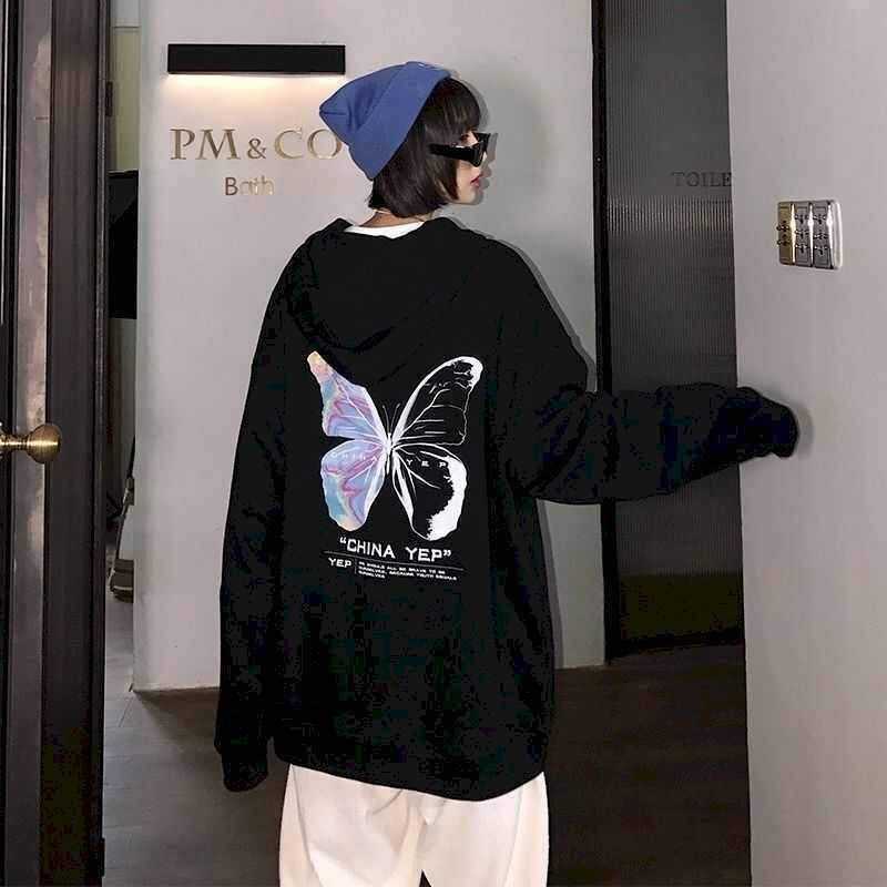 Sweatshirt women black butterfly loose Korean version spring and autumn BF lazy style thin hooded top 210526
Sweatshirt women black butterfly loose Korean version spring and autumn BF lazy style thin hooded top 210526