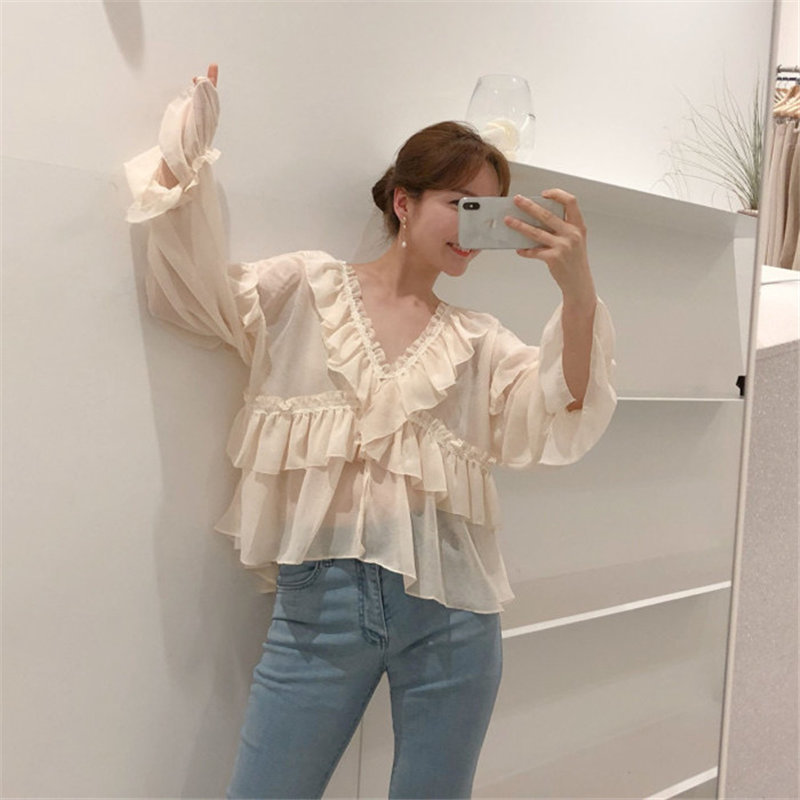 Comelsexy Korean Ruffles Chic All Match Summer Loose Casual Tops V-Neck Sweet Clothe Fashion Women Solid Blouses 210515