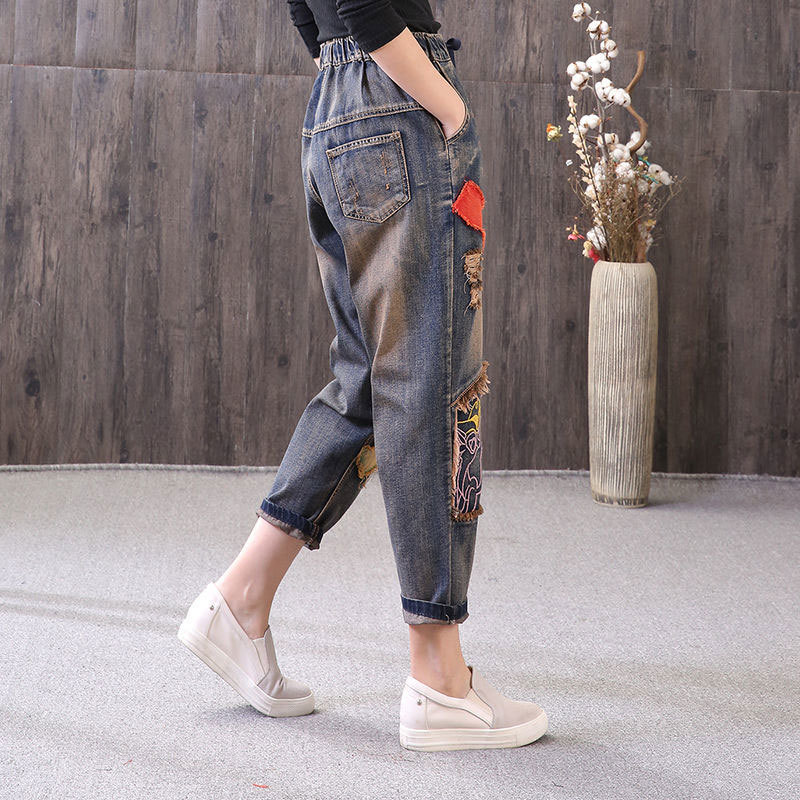 Spring Fashion Women Vintage Embroidery Jeans Elastic Waist Loose Hole Denim Harem Pants Ladies Patched Top Quality D113 210512