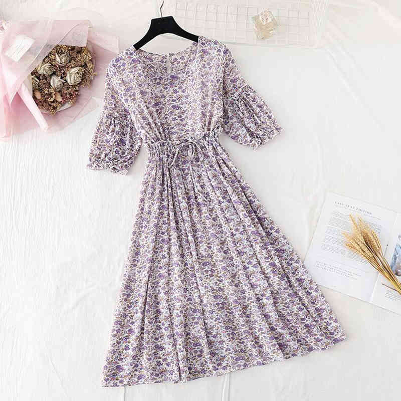 Women Floral Print Dress Summer Vintage Elastic Waist Chiffon Dresses Slim Short Sleeve Office A-line Dress Vestidos 210521