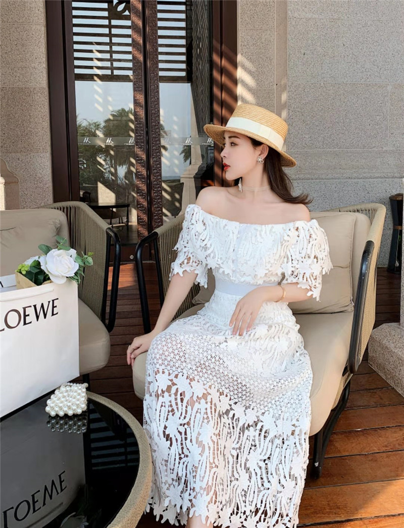 High Quality Embroidery Hollow Out Lace Dress Women Summer Sexy Off The Shoulder Long Party Vestidos 210520