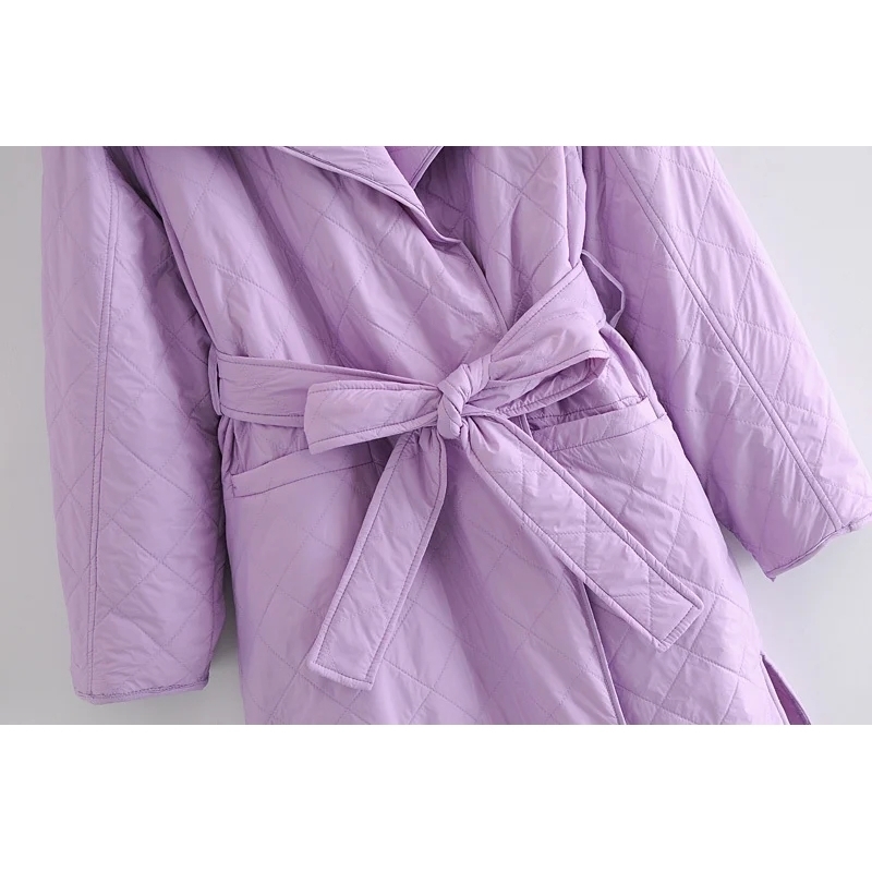 Simple And Elegant Temperament Large Lapel Diamond Lattice Mid-Length Bow Tie Belt French Bathrobe Cotton Coat Winter Jacke 210521